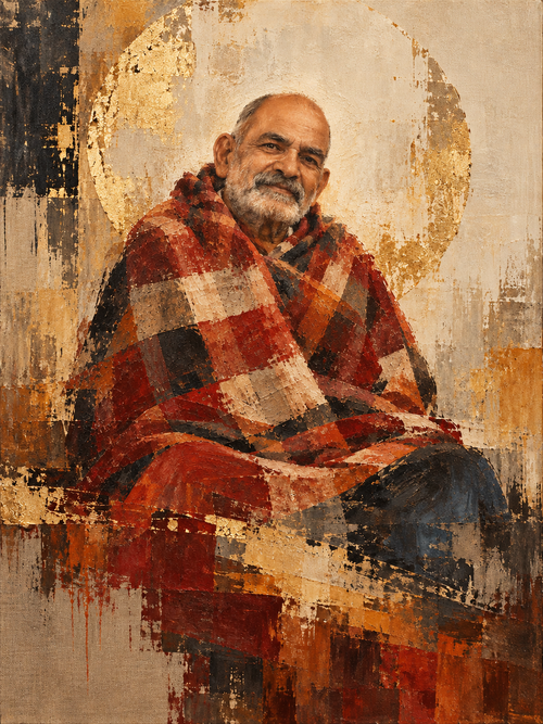 Neem Karoli Baba wall art portrait, mixed-media gold leaf style